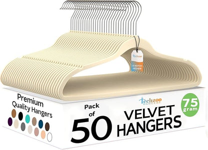 Techzoo 50 Pack New Premium Quality Velvet Hangers Ultra Thin Non Slip Adult Felt Space Saving Hangers for Closet Heavy Duty Coat Pants Jackets Dress Hangers 360° Swivel Hook Hold Upto 10 lbs Ivory