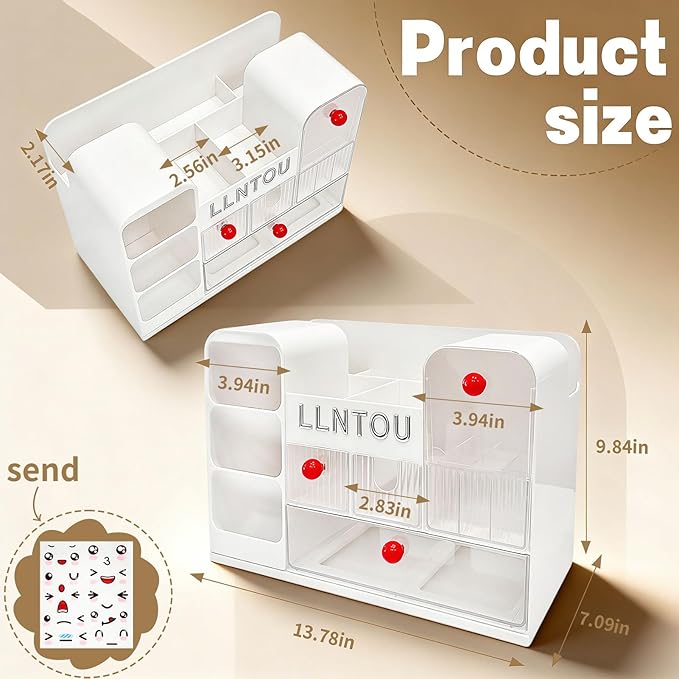 LLNTOU Makeup Organizer for Vanity with Brush Holder, Large Cosmetic & Skincare Organizer Countertop with Muti-Drawers, Cosmetic Display Case for Lipsticks, Nail Polishes, Perfumes, Eyeshadow (white)