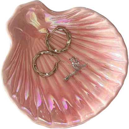 FatySuby Ceramic Jewelry Tray Dish, Ring Holder Dish, Decorative Trinket Tray Jewelry Dish for Rings, Earrings, Necklaces Watch Key, Pearl Shell Shaped Home Decor Gift for Women, Pink