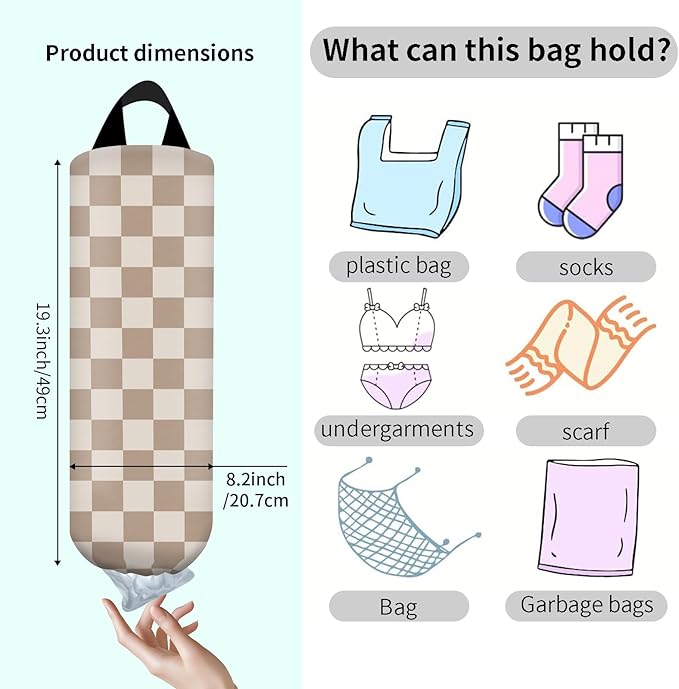 Plastic Bag Holder, Wall Mount Grocery Bag Organizer, Funny Hanging Trash Storage Dispenser for Home Kitchen Cute Brown Checkboard