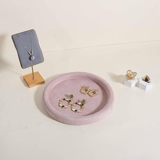 GemeShou Round Jewelry Organizer Plate, Top Microfiber Velvet Jewelry Display Tray, Empty Jewelry Showcase Tray for Necklaces, Bracelets, Rings, Earrings (Pink-Medium, 7.9 x 7.9 in)
