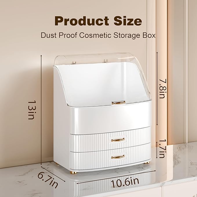 Plukers Makeup Organizer Countertop Vanity with Transparent Lid Drawers Waterproof Dustproof Cosmetic Skincare Bathroom Storage Gift for Women Teens Girls (Whtie)