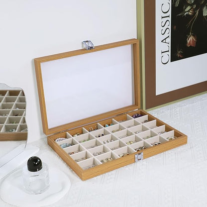 Stratalife Jewelry Organizer Wooden Bracelet Jewelry Box 30 Grid Jewelry Tray with Lid Earring Holder Organizer Necklace Bracelet Bangle Ring Organizer for Women Vintage Jewelry Box