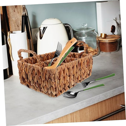 Hyacinth Woven Storage Basket for Home Organization Practical Divided Utensil Holder with Compartments Stylish Desktop Sundries Organizer for Kitchen and Dining Use