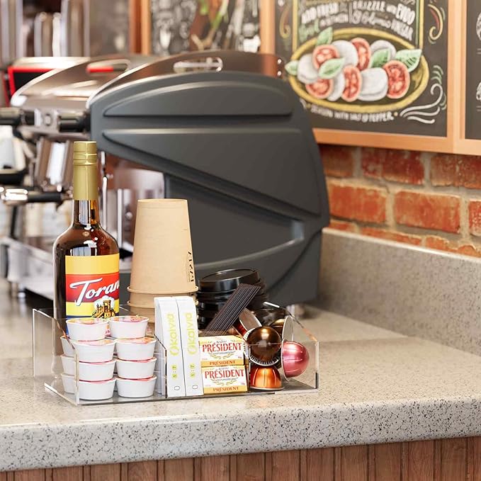 Coffee Bar Station Organizer, Acrylic Countertop Holder for Pod Cup Condiment Stirrers Snack Tea, Bar Accessories, Decor and Essentials, Gift for Coffee Lovers, Clear