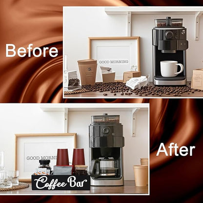 Coffee Bar Organizer for Countertop Coffee Station Organizer Wood Coffee Bar Sign with Removable Dividers for Pods Condiment Syrup Tea Cups Stirrers,Office Coffee Bar Decor