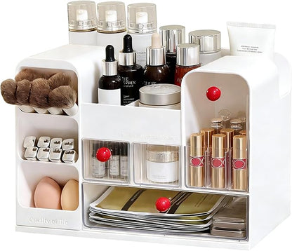 LLNTOU Makeup Organizer for Vanity with Brush Holder, Large Cosmetic & Skincare Organizer Countertop with Muti-Drawers, Cosmetic Display Case for Lipsticks, Nail Polishes, Perfumes, Eyeshadow (white)
