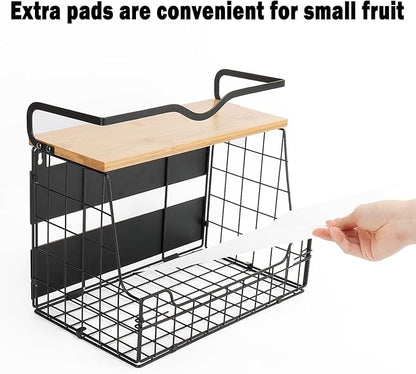 Livabber Magnetic Fridge Organizer Basket with Wood Shelf, Large Fruit Vegetable Storage Bin, Spices Snacks Condiments Rack for Kitchen Pantry, Laundry Room, Office, Magnetic or Wall Mount (Black)
