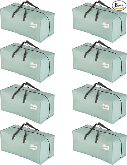 VENO 8 Pack Moving Bags w/Backpack Straps, Heavy Duty, Moving Boxes Alternative, Packing Supplies, Large Storage Totes for Dorm Room Essentials with Zipper for Clothes (Light Green Matte, 8 Pack)