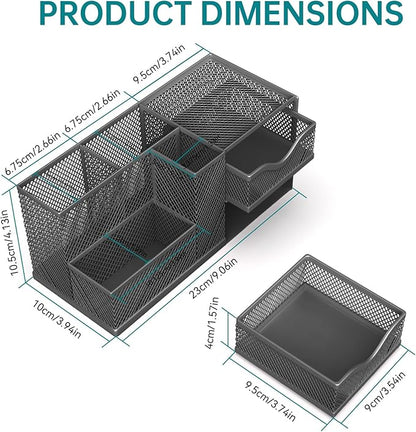 Mesh Desk Organizer, Pen Organizer with 2 Drawers and 5 Compartments, Versatile Pen Holder for Small Space, Desk Organizers and Accessories for School Office Supplies, Black