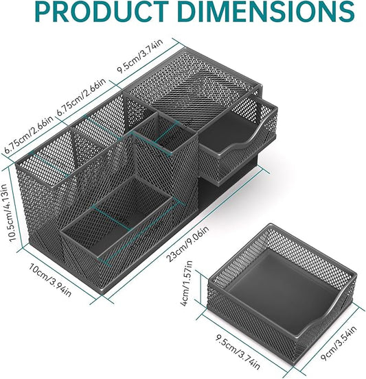 Mesh Desk Organizer, Pen Organizer with 2 Drawers and 5 Compartments, Versatile Pen Holder for Small Space, Desk Organizers and Accessories for School Office Supplies, Black