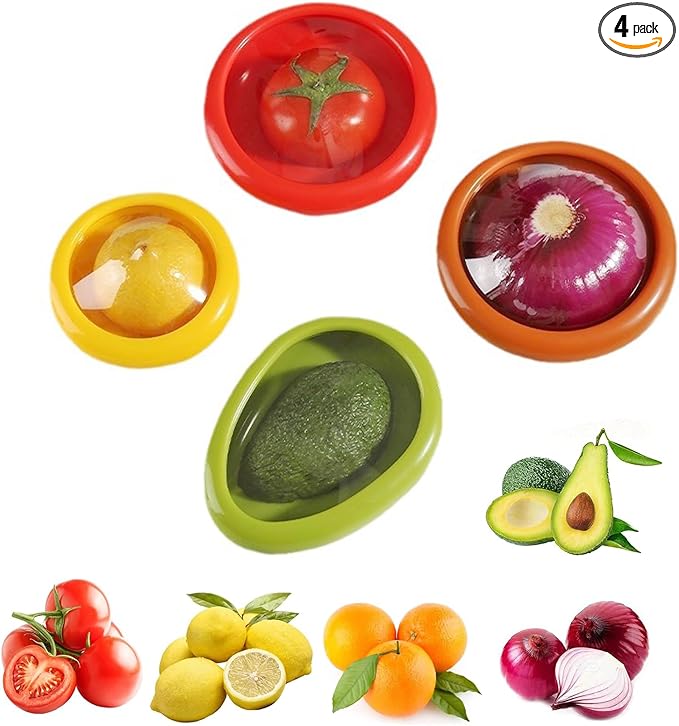 4PC Silicone Fruit and Vegetable Storage Containers Set for Fridge, Reusable Holder For Food Storage, Fresh Stretch Pods For Food Saver, Onion Storage Container, Tomato Saver,and Lemon Holder