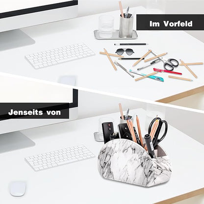 Remote Control Holders Organizer Box with 5 Compartment PU Leather Multi-functional Office Desk Storage Caddy Store Tv Remote for Media Player,Brush,Pencil,Glassees&Office Supplies (Marble)