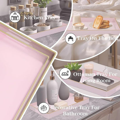 MAONAME Pink Serving Tray Set of 2, Plastic Decorative Trays with Handles, Rectangular Coffee Table Tray for Ottoman, Nesting Trays for Living Room, Bedroom