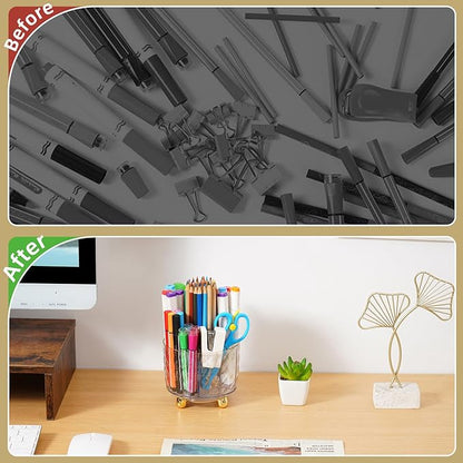 Marbrasse Desk Organizer, 360-Degree Rotating Pen Pencil Holder for Desk, Desk Organizers and Accessories with 5 Compartments Pencil Organizer (Transparent gold edge)