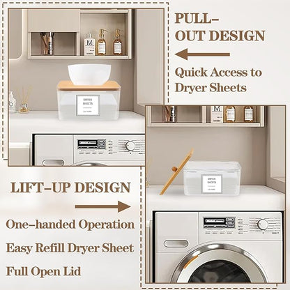 Dryer Sheet Holder - Clear Dryer Sheets Container with Bamboo Lid, 16 Labels and Scoops for Laundry Room Organization and Storage Dryer Sheet, Balls, Clothespins, Pods