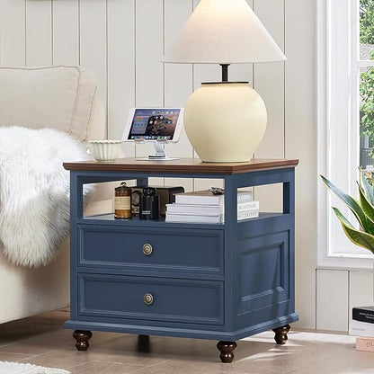 Joaxswe 24" Wide Farmhouse Night Stand,Large End Table with 2 Drawers & Metal Handle,Wood Dresser for Bedroom, Blue Bed Side Table Chest of Drawers Cabinet,Nightstand for Living Room,Closet