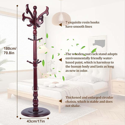 73”Vintage Wooden Coat Rack，With 14 Hooks and Sturdy Round Base.Sturdy and Durable Standing Coat Racks，Adjustable Wooden Freestanding Coat Rack for Porch，Bedrooms (Mahogany) (fishtail, 1 PCS)