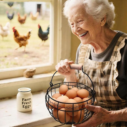 Wire Egg Basket for Gathering Fresh Eggs, Vintage Chicken Egg Collecting Basket with Handle, Farmhouse Egg Storage Container Countertop,Black, Ventilated Design, Easter Christmas Kitchen Decor