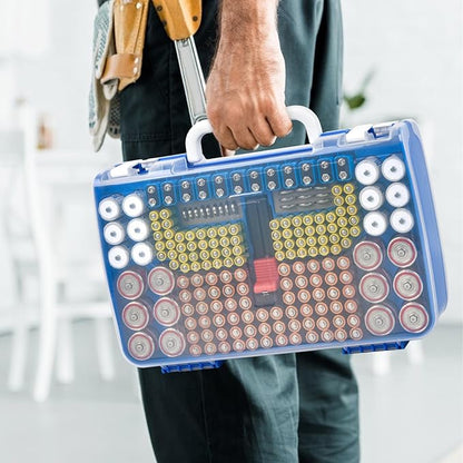 Battery Organizer Storage Holder Case with Double-Sided, Garage Box with Tester Checker. Batteries Container for 269pcs AA AAA AAAA 3A 4A 9V C D Lithium 4LR44 CR2 CR123A CR1632 CR2032 18650 - Blue