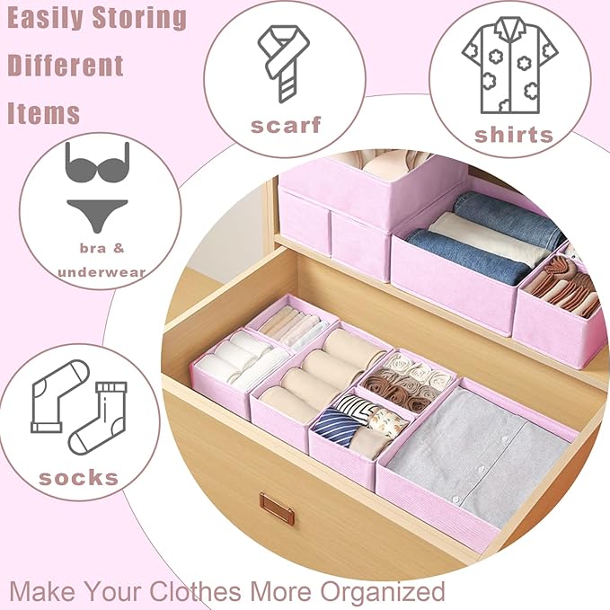 Mooisco 12 Pack Drawer Organizer Clothes, Fabric Closet Organizers and Storage, Foldable Cloth Storage Bins for Underwear Socks, Bra, Ties, Scarf, Belt, Hair Accessories, Pink
