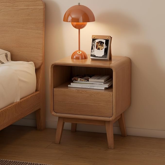 Vadisun 100% Solid Wood Nightstand Set of 2, Small Night Stand with Drawer and Open Shelf, Natural Wood Nightstand, Mid Century Modern Night Stand, Wooden Bedside Table for Bedroom(20.47" H)