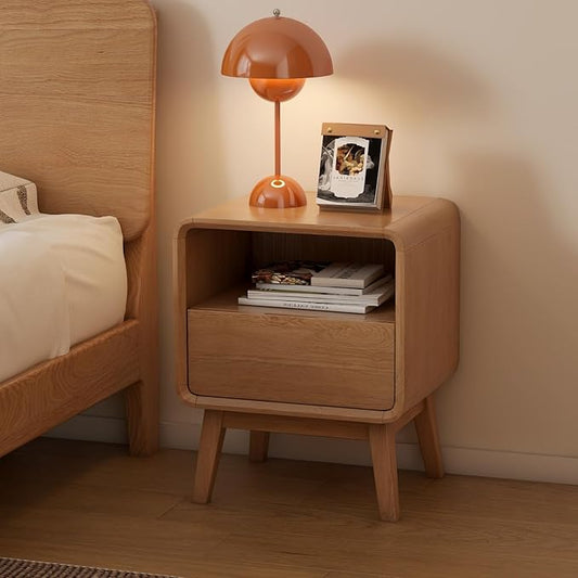 Vadisun 100% Solid Wood Nightstand Set of 2, Small Night Stand with Drawer and Open Shelf, Natural Wood Nightstand, Mid Century Modern Night Stand, Wooden Bedside Table for Bedroom(20.47" H)