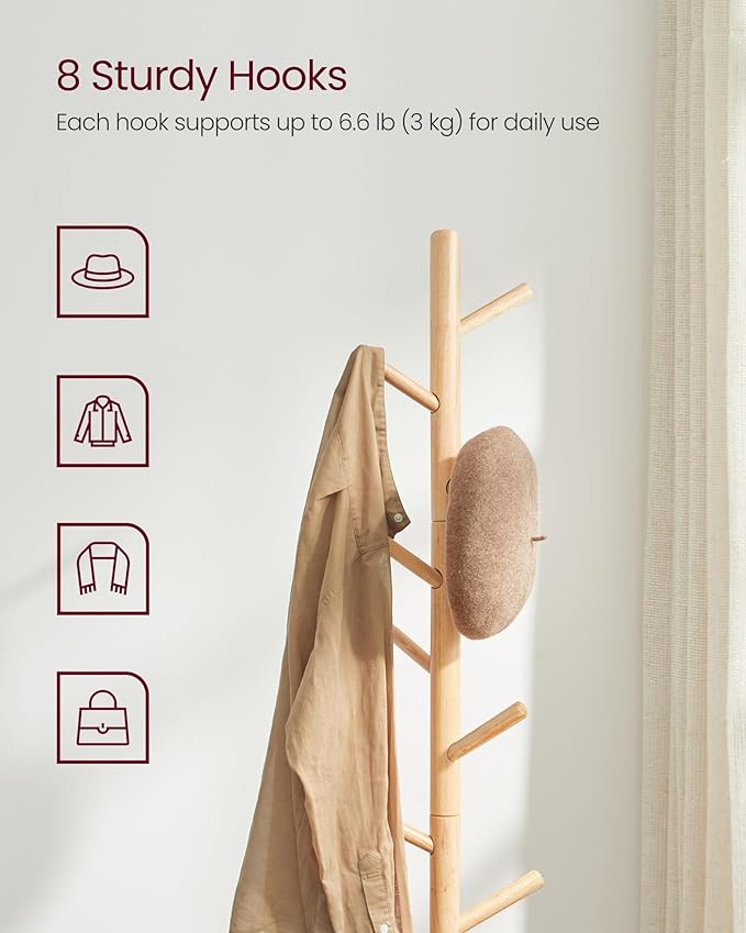 VASAGLE Solid Wood Coat Rack, Free Standing Tree-Shaped Coat Rack with 8 Hooks, 3 Height Options, for Clothes, Hats, Bags, Living Room, Bedroom, Home Office, Natural Beige URCR004N01