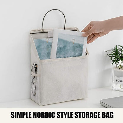 QULSE 2 Pcs Wall-Hanging Storage Bags,Desktop Organizer Basket Cotton Linen Hanging Storage Basket for Kitchen,Bderoom,Living Room (Grid)