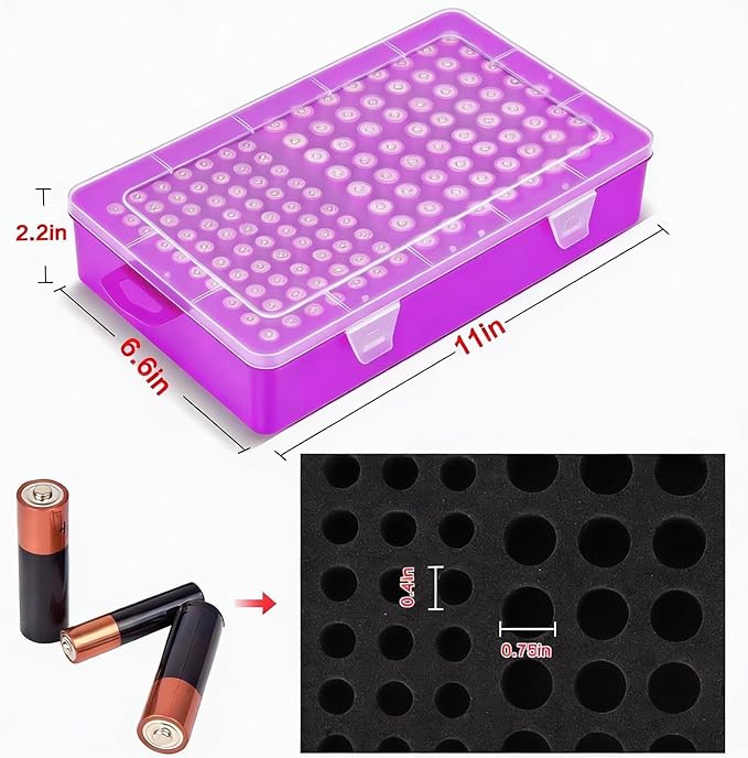 Battery Storage Organizer Case, Battery Vault Box Holder Container for 134pcs AA AAA Batteries, Garage Organization Carrying Bag Fits Home Kitchen Warehouse, Purple (Batteries Not Include)