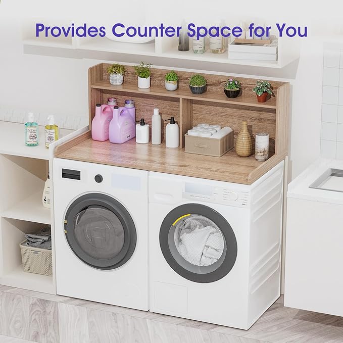 Washer Dryer Countertop with 2 Tier Shelf, 27.5" W × 54" L Laundry Wood Countertop with Edge Rails for Laundry Room Organization and Storage (Oak)