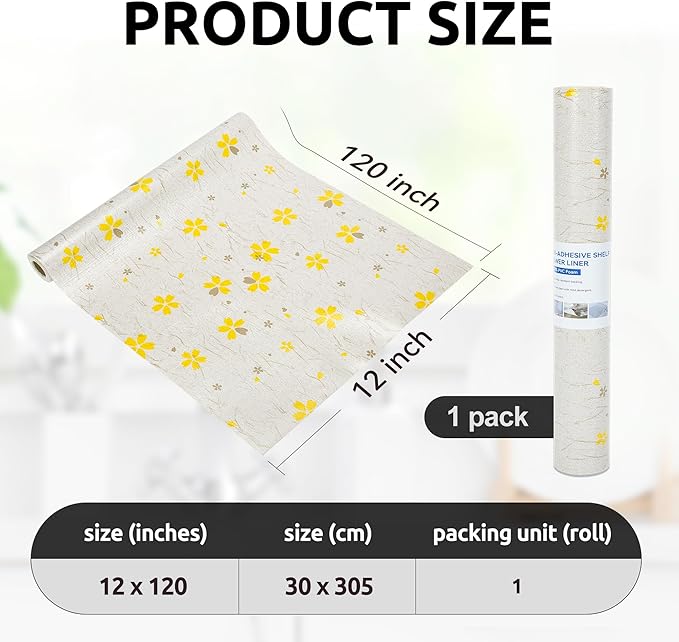RAY STAR 12X120 Inch Shelf Liner for Kitchen Cabinets, Non-Adhesive Cabinet Liner Washable, PVC Drawer Liner for Dresser Non-Slip Bathroom (Yellow Floral)(1 Roll)