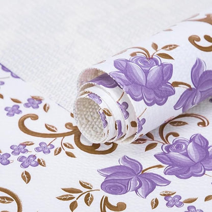 18X96 Inch Shelf Liner for Kitchen Cabinets, PVC Drawer Liner for Dresser Non-Slip Bathroom, Non-Adhesive Cabinet Liner Washable (Purple Floral)(2 Roll)