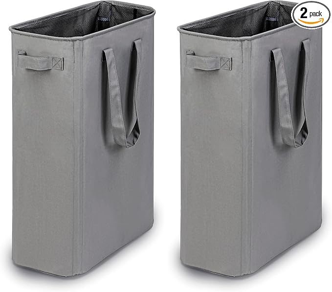 efluky Slim Laundry Basket, Narrow Laundry Hamper with Handles, Collapsible Dirty Clothes Hamper, Tall Laundry Bin for Laundry Room, Dorm and Bedroom, 12.7 Gallons(48L) Grey (Pack of 2)