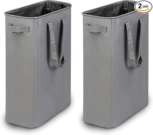 efluky Slim Laundry Basket, Narrow Laundry Hamper with Handles, Collapsible Dirty Clothes Hamper, Tall Laundry Bin for Laundry Room, Dorm and Bedroom, 12.7 Gallons(48L) Grey (Pack of 2)