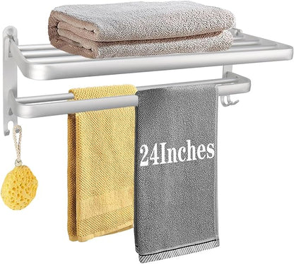 Towel Rack for Bathroom, Bath Towel Holder with Double Towel Bar and Fold-able Towel Shelf, Rustproof Towel Organizer Wall Mounted Towel Storage Hanger for Bath/Balcony/Lavatory(24In Sliver)