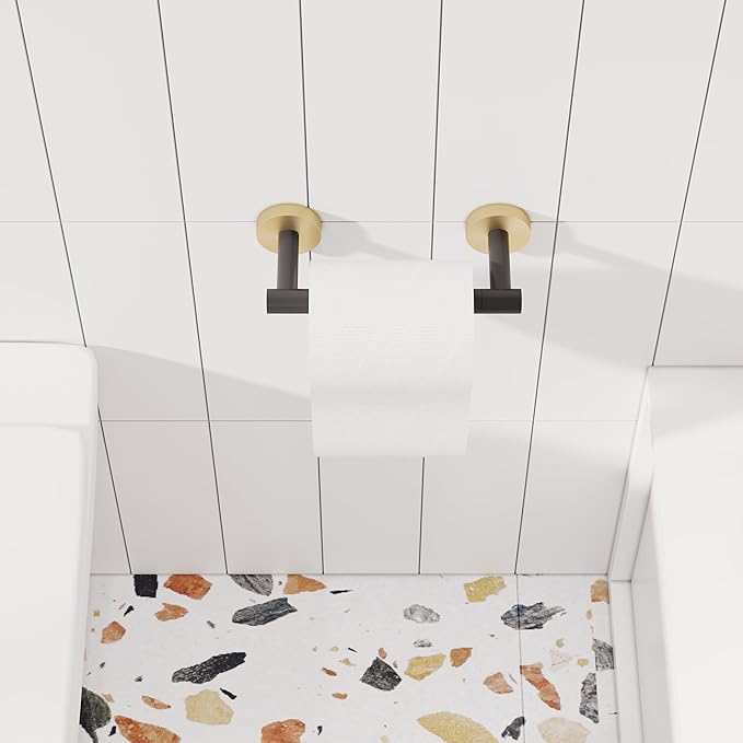 Black and Gold Toilet Paper Holder SUS304 Stainless Steel Double Post Pivoting Toilet Paper Roll Holder Wall Mounted Tissue Holder for Commercial Bathroom RV Matte Black & Brushed Brass Finish