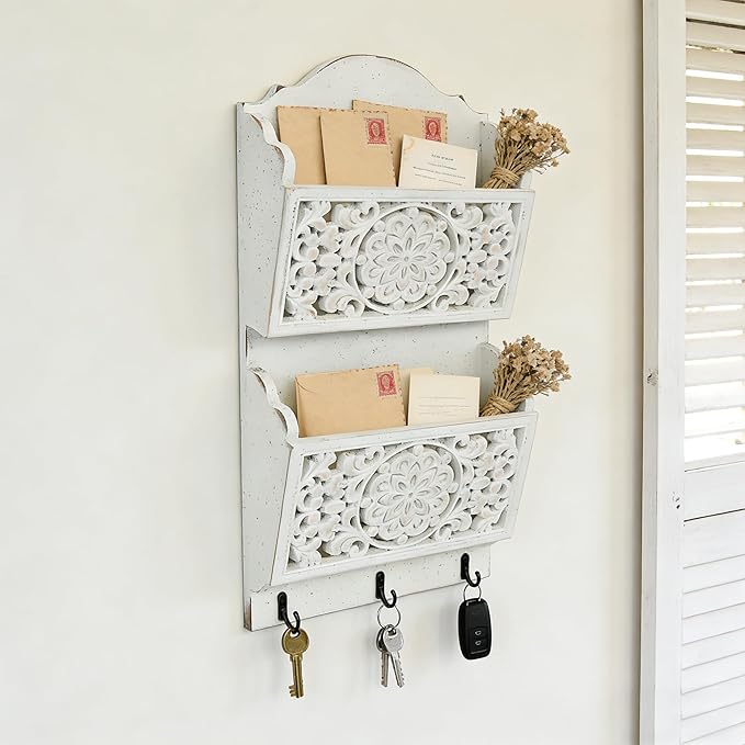 Rustic Key and Mail Holder for Wall Home Decorative,2-Slot Mail Organizer Wall Mount with 3 Hooks, Wooden Key Hangers Wall File Organizer Letter Sorter for Letter Magazines（White）