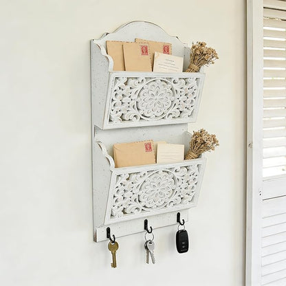 Rustic Key and Mail Holder for Wall Home Decorative,2-Slot Mail Organizer Wall Mount with 3 Hooks, Wooden Key Hangers Wall File Organizer Letter Sorter for Letter Magazines（White）