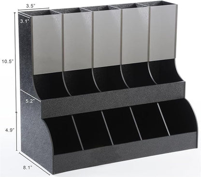 Displays2go K-Cup Organizer and Dispenser, 10 Compartments, Holds 75+ K-Cups, Countertop, ABS Plastic (Black)