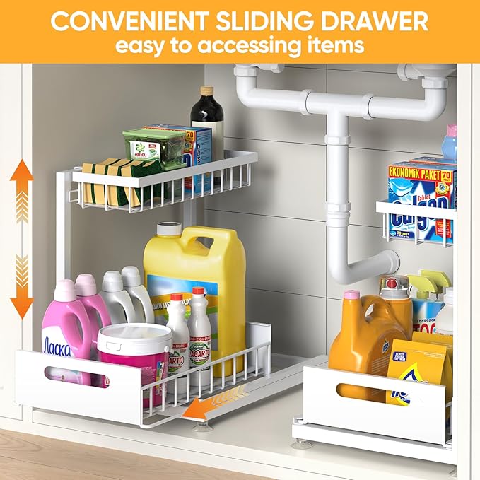 Under Sink Organizer Storage 2-Tier Premium Metal Pull-Out Racks, Height Adjustable, Heavy Dut and Easy Installation for Kitchen & Bathroom Organizers 1 Pack White