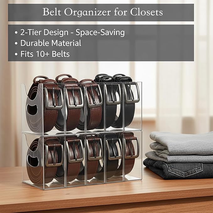 Belt Organizer 2-Pack，Belt storage Organizer for Closet with Removable Dividers - 5 Compartments & Handles Drawer Storage and Organizers for underwear, Socks, and Bow Ties Acrylic Belt Organizers