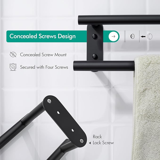 BAGNOLUX Double Towel Bar, SUS304 Towel Racks for Bathroom Wall Mounted 2-Tiers Ladder Towel Rails, Space Saving Bathroom Towel Holder Shelves Rack, Long Towel Hanger (24“-Round-Matte Black)