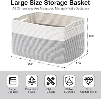 Large Blanket Basket Living Room, Rectangle Storage Basket, Large Basket for Blankets, Woven Cotton Rope Baskets for Storage Toy Dirty Clothes, 22”x17”x12”, White & Grey, 75L