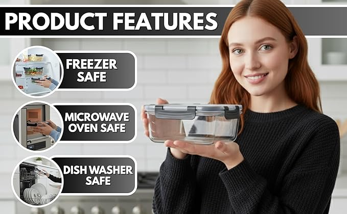 KEKEGO Glass Food Storage Containers Set of 5, Airtight Glass Meal Prep Containers, BPA-Free Lunch Containers for Microwave, Oven, Freezer & Dishwasher Safe（35oz）