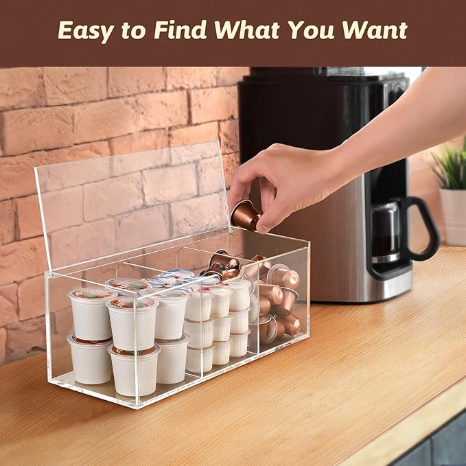 BEYGORM Acrylic Coffee Pod Holder with Lid for 24 Kcup, Clear Coffee Capsule Storage Organizer,3 Compartments Coffee Bar Station Organizer Compatible with Coffee Pod, Coffee Creamer