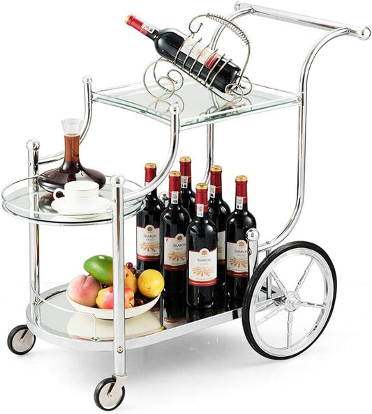 DORTALA Rolling Serving Cart, 3-Tier Metal Bar Cart with Tempered Glass, 4 Wheels Tea Serving Bar Cart for Livingroom, Kitchen, Silver