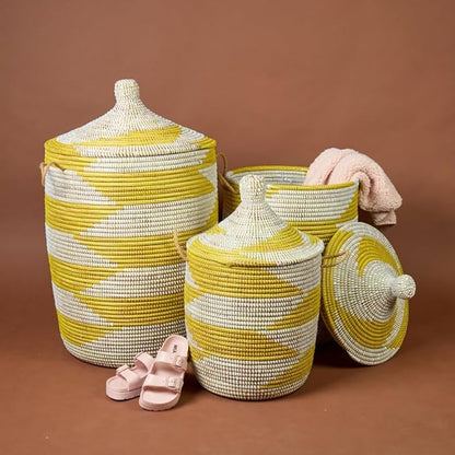 Yellow White Decorative Wicker Basket Set, 3pcs - Organize Bedroom, Living Room, Nursery - Laundry Hamper, Toy Bin, Blanket Storage - Decorative, Boho Style - Wicker, Woven, Lid, Handles