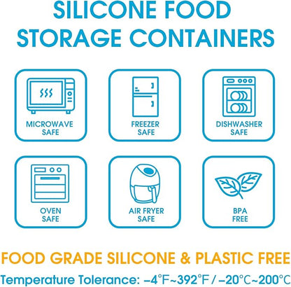 Nesting 100% Silicone Food Storage Containers with Lid & Measuring Line, 6 Pack, Leakproof Stackable Hard-Shell Silicone Containers for Food Lunch Snack, Microwave Oven Freezer Dishwasher Safe, Blue