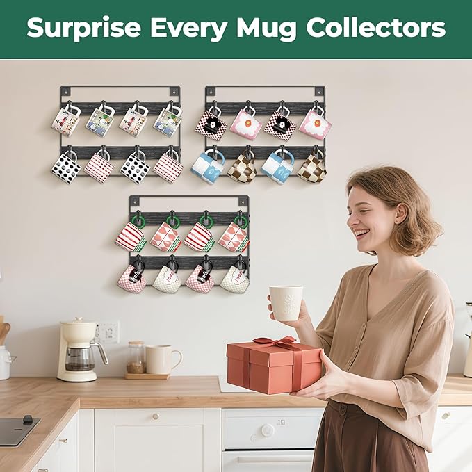 EsLuker.ly Mug Holder Hanger Rack Wall Mounted Wooden 3 Pack Coffee Cup Storage Organizer Display Shelf with 24 Removable Plastic Hooks, Ideal for Mug Collectors, Black